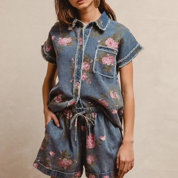 BiBi Floral Printed Denim Short‎ Pants With Pocket - Picture 6 of 10